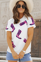 White Sequin Western Boots Round Neck T Shirt