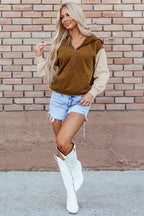 Chestnut Color Block Half Zip Kangaroo Pocketed Hoodie