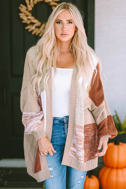 Khaki Checkered Pattern Open Front Drop Shoulder Slouchy Cardigan