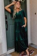 Red Dahlia Velvet Short Sleeve Shirred Waist Tiered Maxi Dress