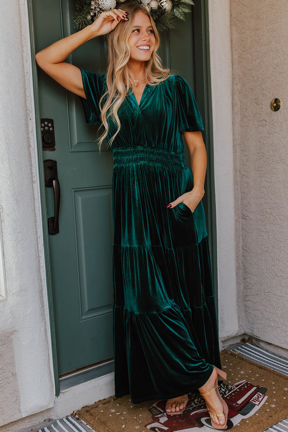 Red Dahlia Velvet Short Sleeve Shirred Waist Tiered Maxi Dress