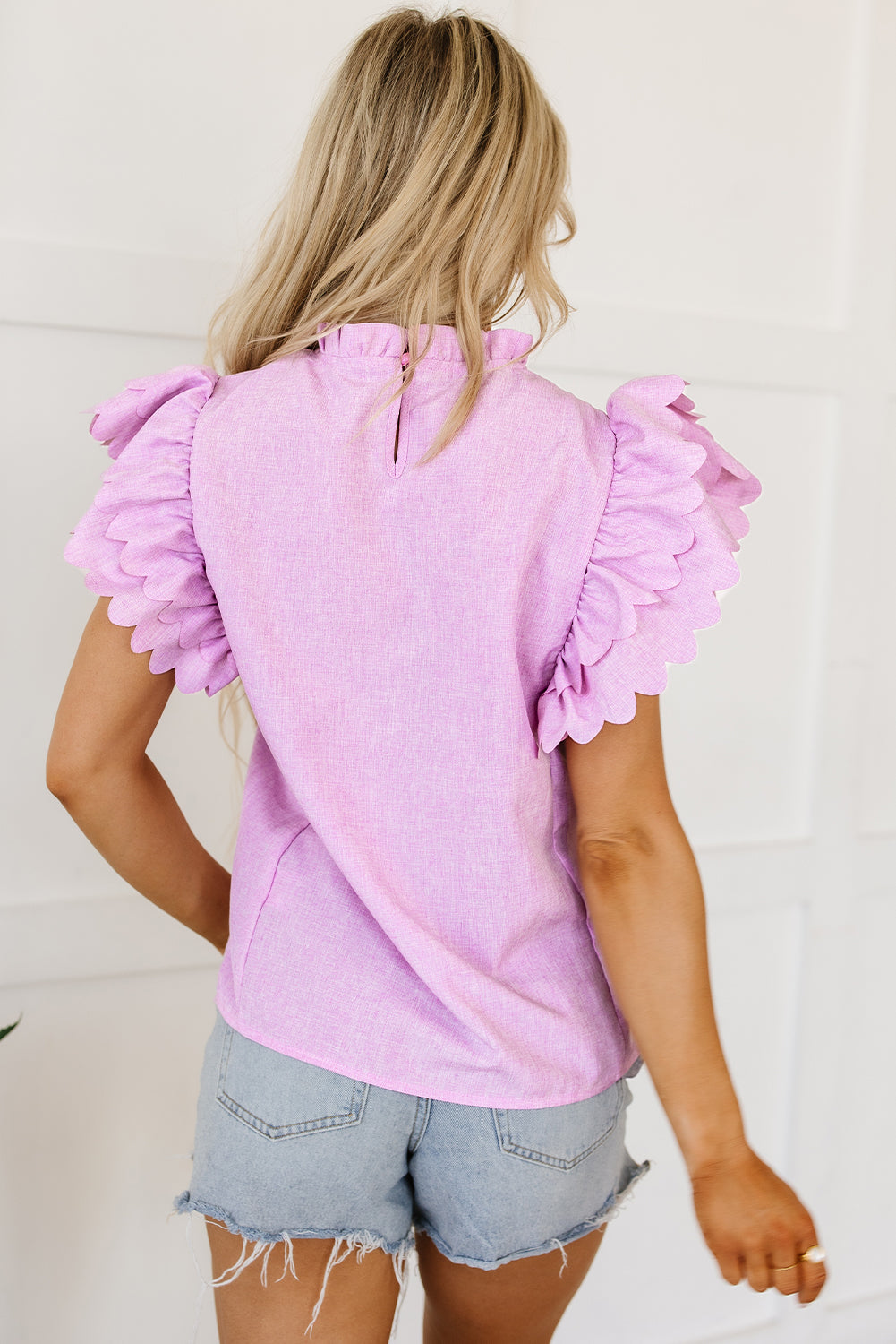 Bright Pink Solid Color Scalloped Ruffle Sleeve Top