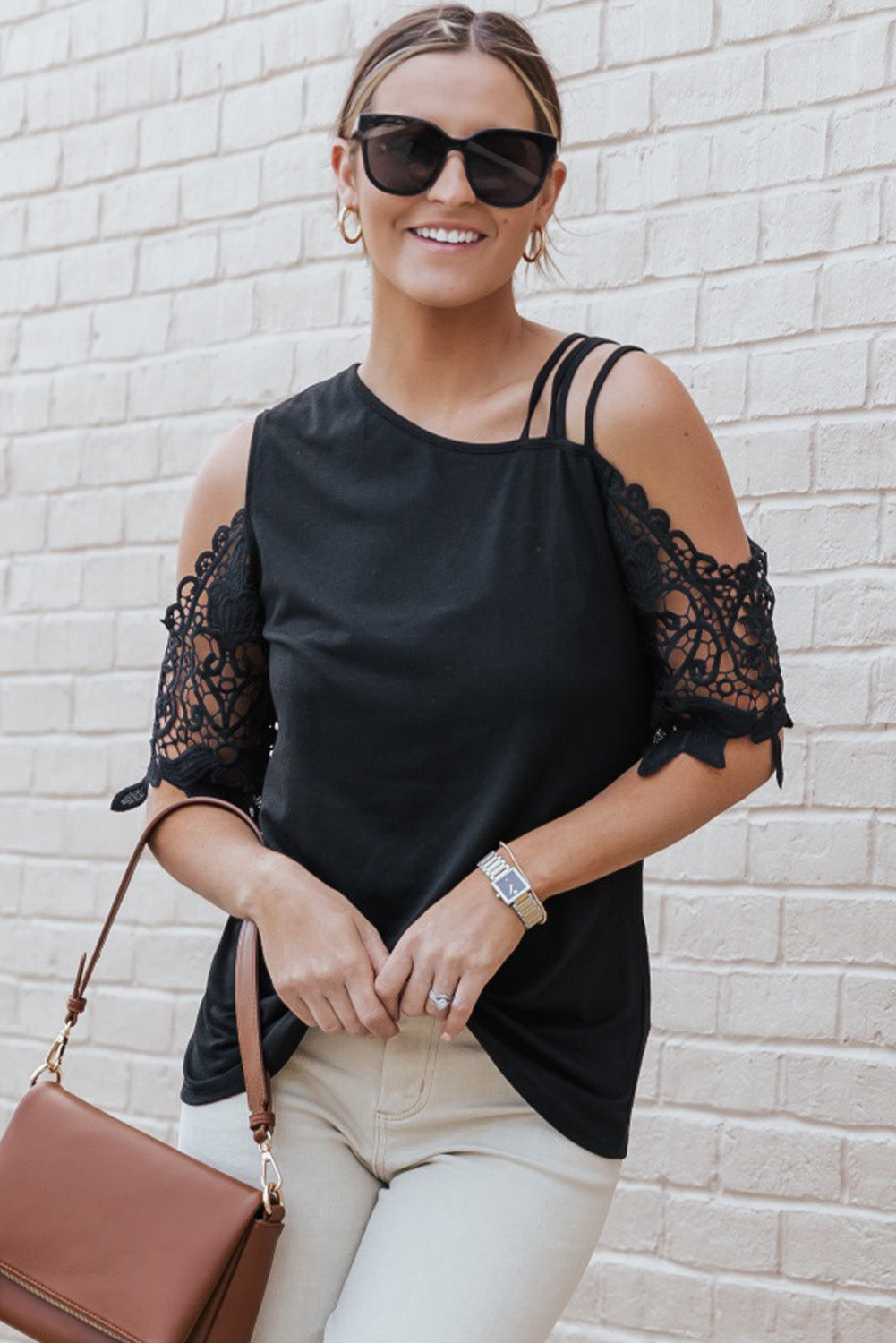 Lace Splicing Strappy Cold Shoulder Top