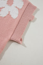 Light Pink Pearled Flower Distressed Edge Sweater T Shirt