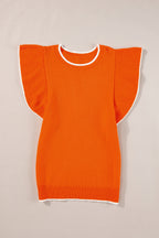 Russet Orange Contrast Trim Ruffle Sleeve Knitted Top