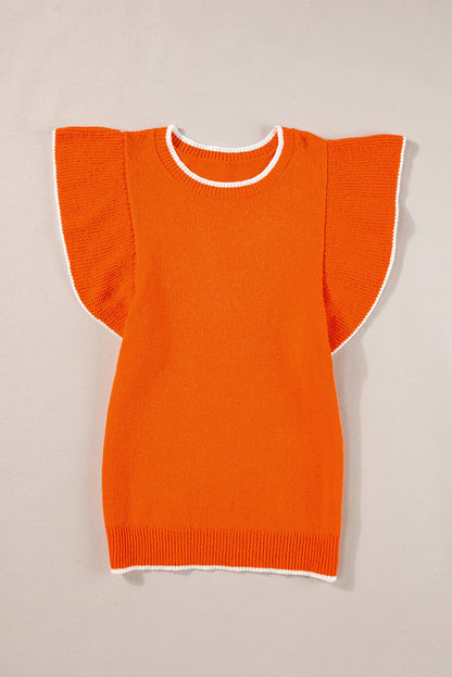 Russet Orange Contrast Trim Ruffle Sleeve Knitted Top