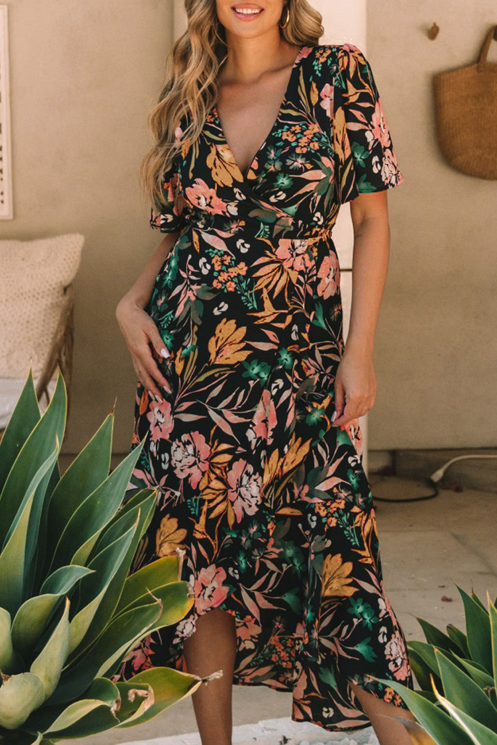 Floral Print Knotted Wrapped V Neck Maxi Dress