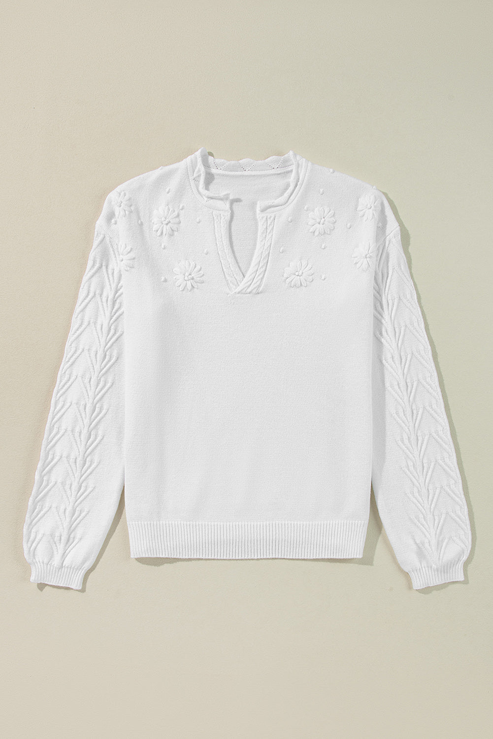 Peach Blossom Flower Detail Knitted Notched Neck Sweater