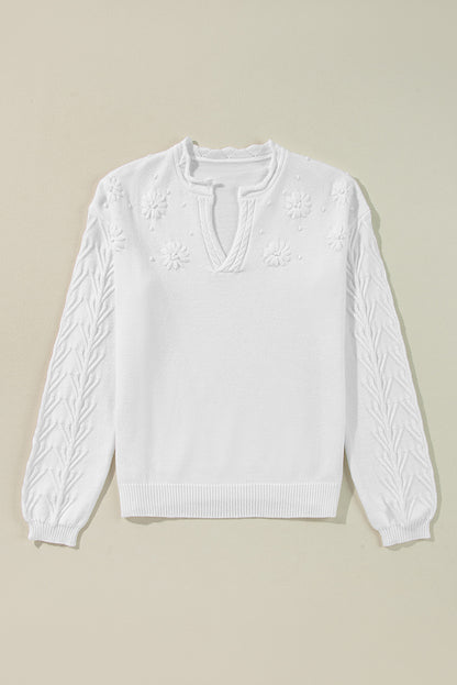 Peach Blossom Flower Detail Knitted Notched Neck Sweater