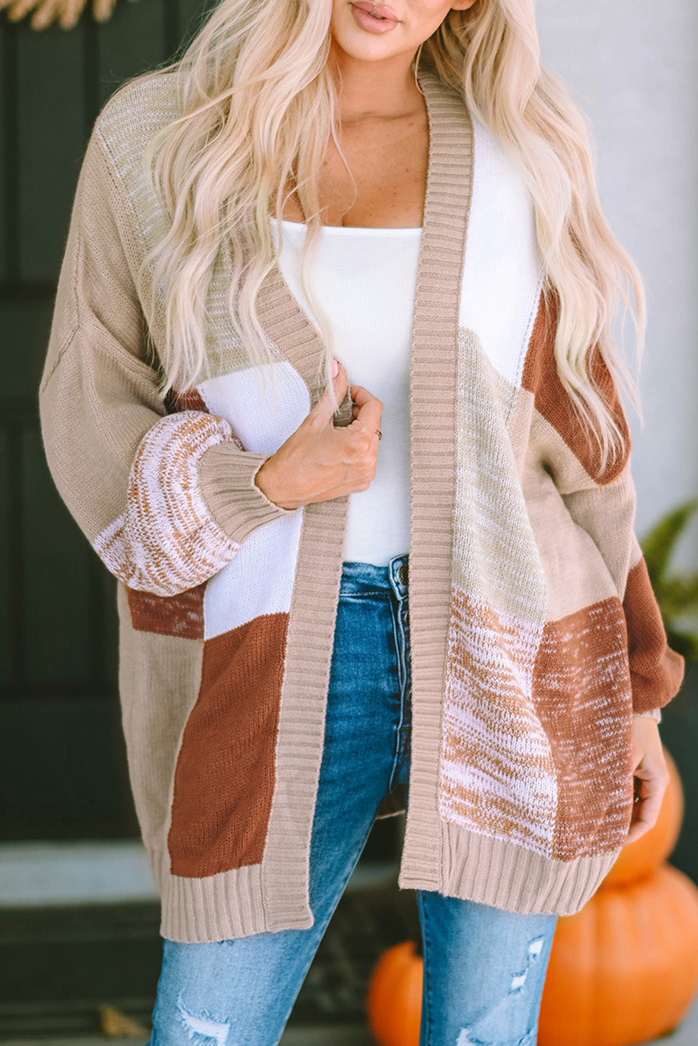 Khaki Checkered Pattern Open Front Drop Shoulder Slouchy Cardigan