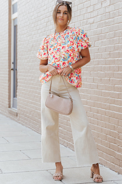 Multicolor Abstract Print Smocked Puff Sleeves Blouse