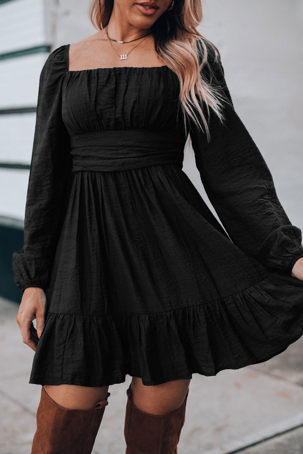 Green Ruched Square Neck Puff Sleeve Mini Dress