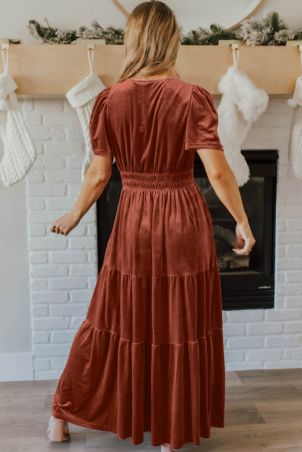 Red Dahlia Velvet Short Sleeve Shirred Waist Tiered Maxi Dress