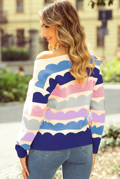 Rose Red Wave Striped Balloon Sleeve Drop Shoulder Sweater