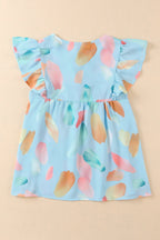 Sky Blue Splotches Pattern Ruffled Cap Sleeve Shift Top