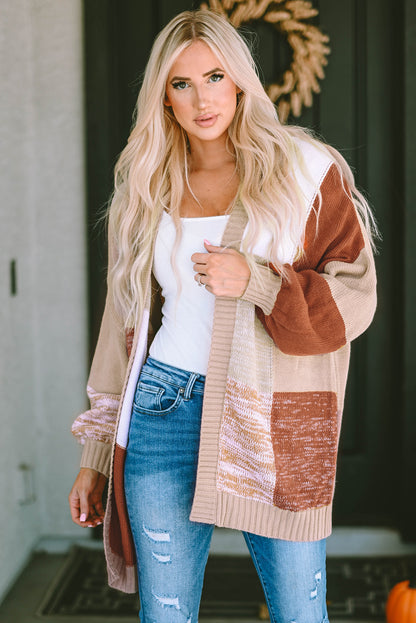 Khaki Checkered Pattern Open Front Drop Shoulder Slouchy Cardigan