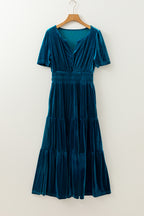 Red Dahlia Velvet Short Sleeve Shirred Waist Tiered Maxi Dress