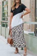 Leopard Color Block Side Slit T Shirt Maxi Dress