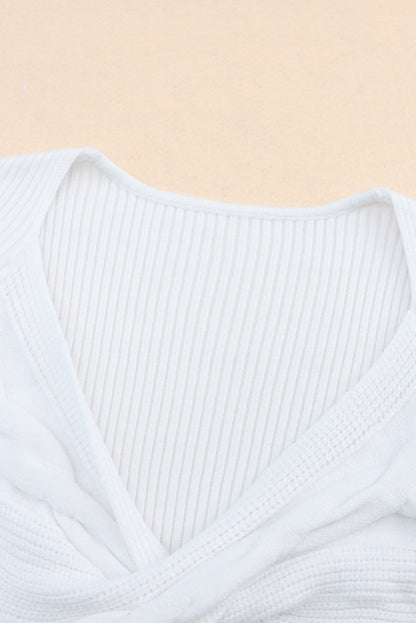 White Cable Crossed V Neck Sweater