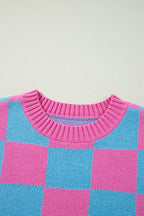 Strawberry Pink Colorblock Plaid Pattern Ribbed Trim Sweater Tank Top