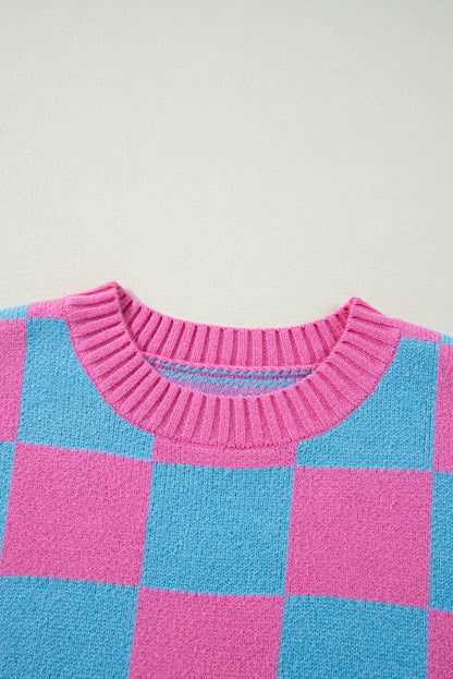 Strawberry Pink Colorblock Plaid Pattern Ribbed Trim Sweater Tank Top