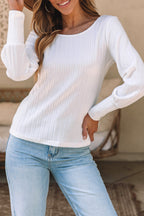 White Ribbed Bishop Sleeve Round Neck Top