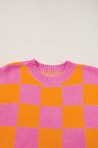 Strawberry Pink Colorblock Plaid Pattern Ribbed Trim Sweater Tank Top