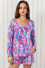 Sky Blue Floral Long Sleeve Top and Drawstring Shorts Set