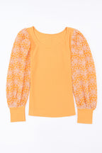 Yellow Flower Puff Sleeve Ribbed Knit Top
