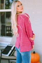 Rose Acid Wash Relaxed Fit Seamed Pullover Sweatshirt with Slits