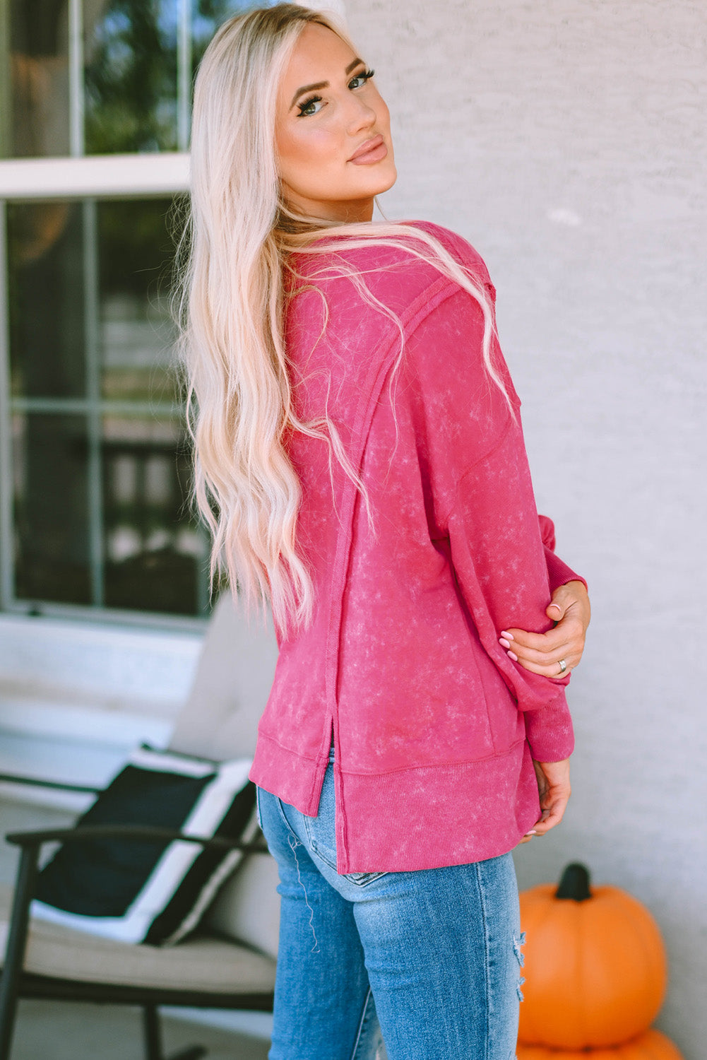 Rose Acid Wash Relaxed Fit Seamed Pullover Sweatshirt with Slits