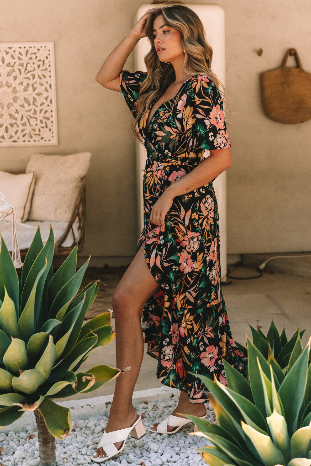 Floral Print Knotted Wrapped V Neck Maxi Dress
