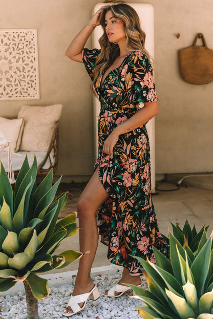 Floral Print Knotted Wrapped V Neck Maxi Dress