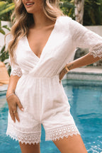 V Neck Lace Trim Embroidered High Waist Romper