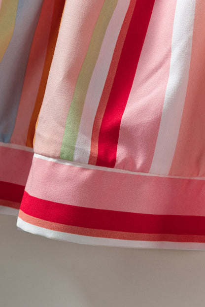 Pink Rainbow Stripe Ruffles Ruched Tiered Dress