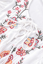 White Floral Embroidered Ruffled Lace-up V Neck Top