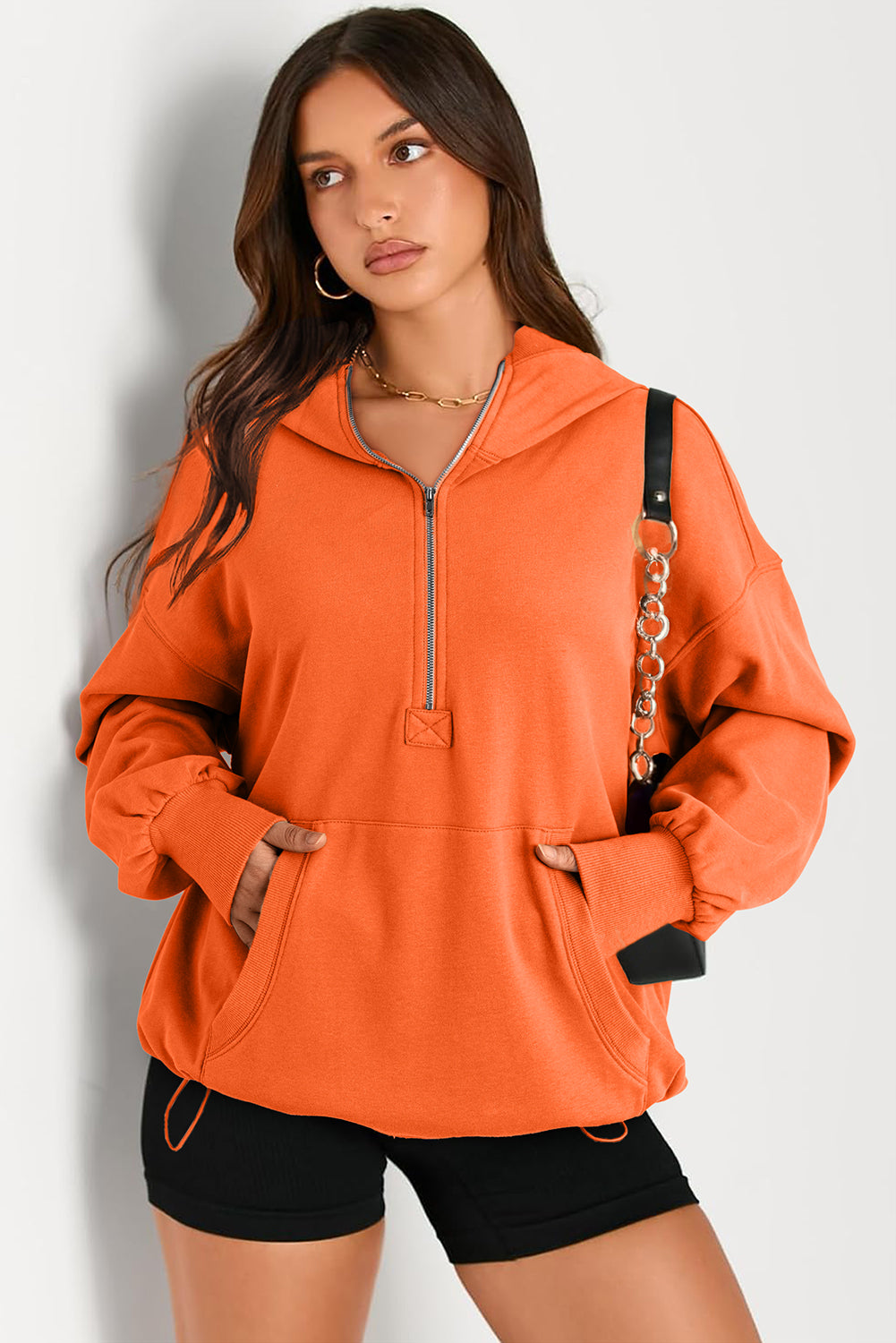 Parchment Solid Kangaroo Pocket Half Zipper Oversized Hoodie