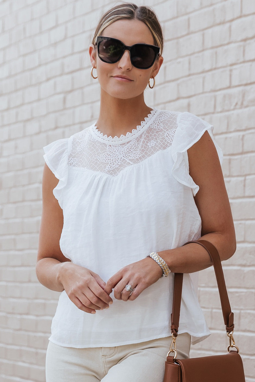 Beige Lace Crochet Patchwork Flutter Sleeve Babydoll Blouse