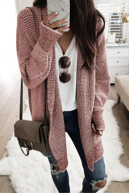 Black Plaid Knitted Long Open Front Cardigan