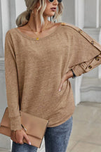 Khaki Solid Color Button Decor Dolman Sleeve Top