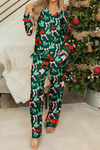 Festive Bow Print Contrast Ruffle Trim Shirt Style 2pcs Pajama Pant Set