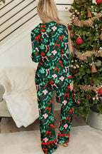 Festive Bow Print Contrast Ruffle Trim Shirt Style 2pcs Pajama Pant Set