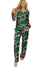 Festive Bow Print Contrast Ruffle Trim Shirt Style 2pcs Pajama Pant Set