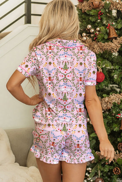 Pink Nutcracker Doll Christmas Print Contrast Trim Ribbon Tie Waist Short 2pcs Pajama Set