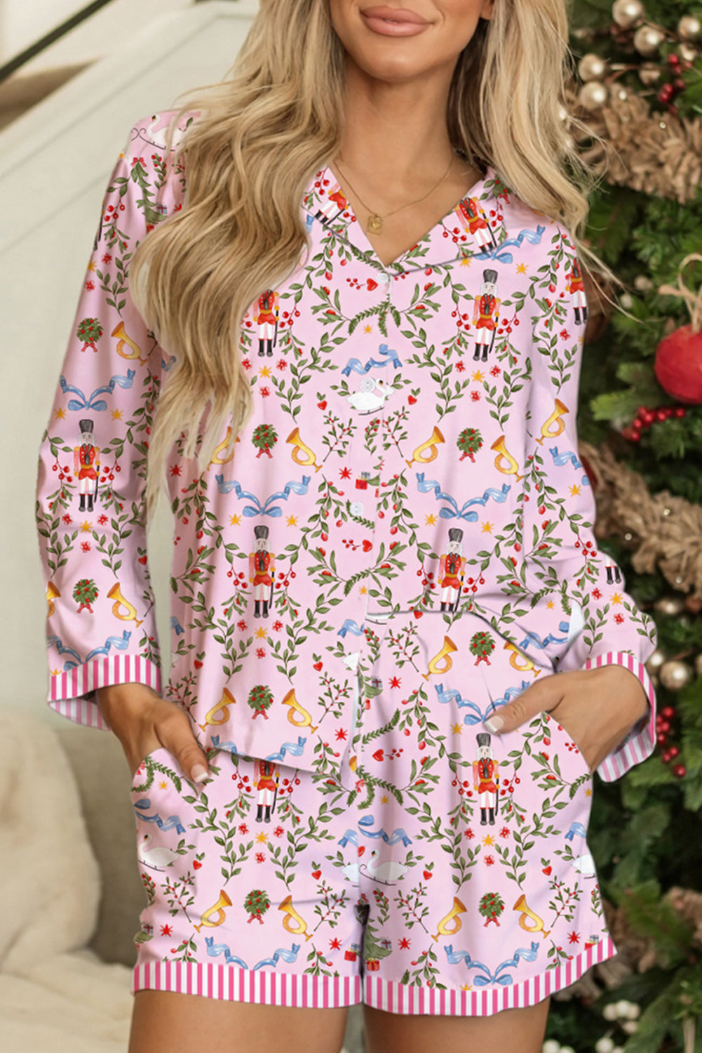 Pink Bow Candy Cane Christmas Nutcracker Print 2pcs Pajama Set