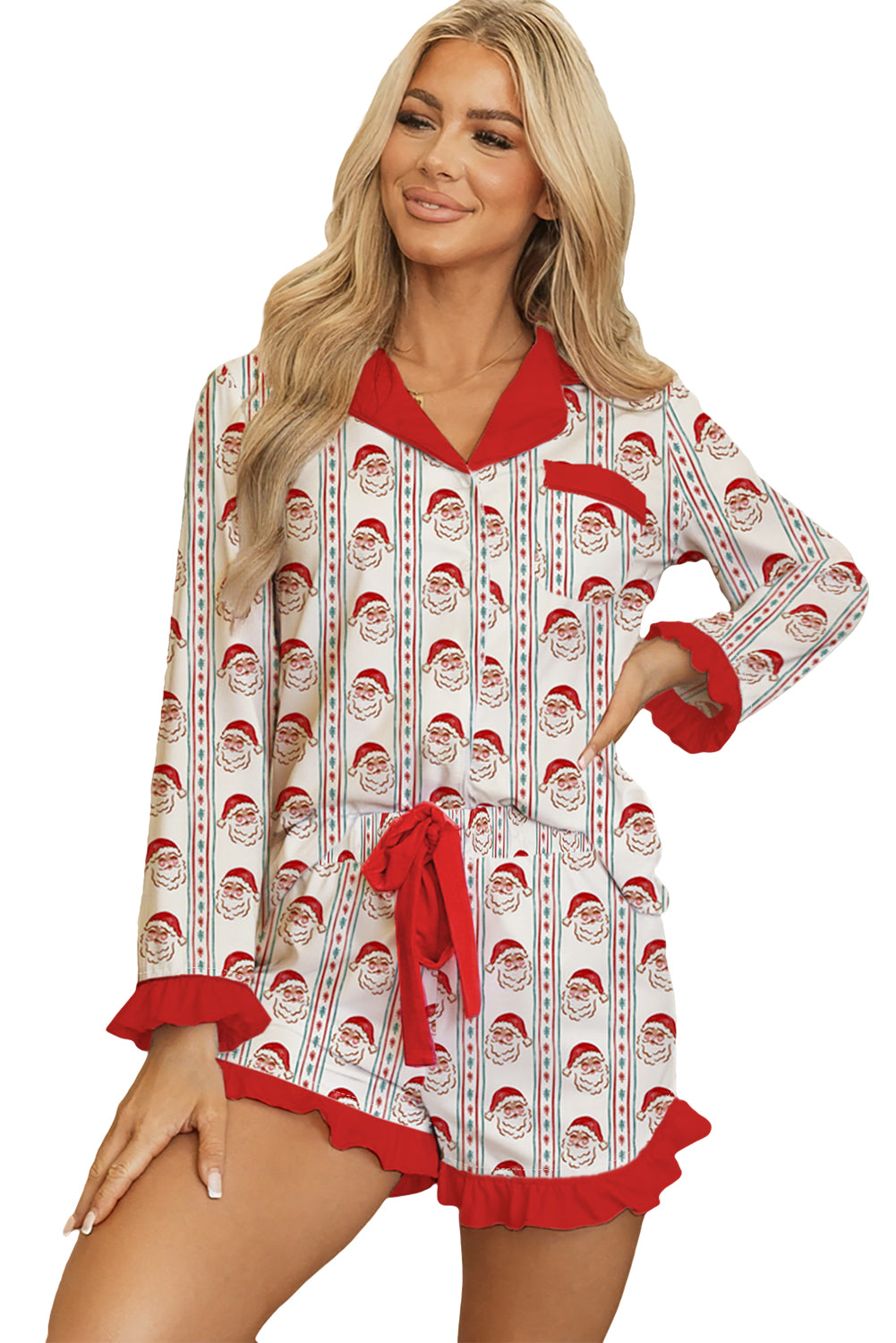White Santa & Stripes Ruffle PJ Set