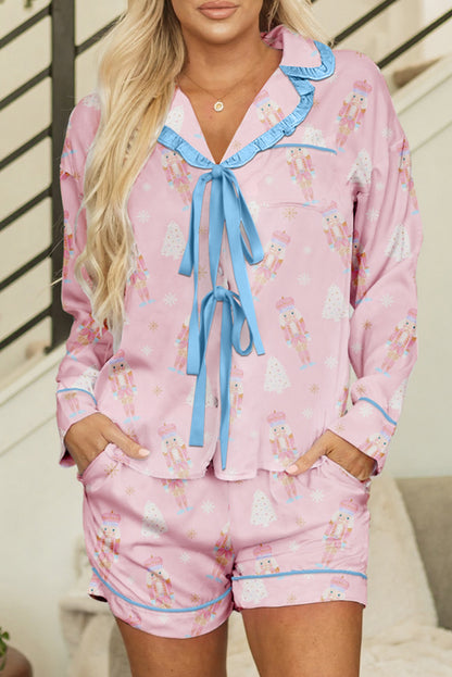 Pink Christmas Tree Nutcracker Doll Print Contrast Trim Tie Front Shirt Style Pajama Set