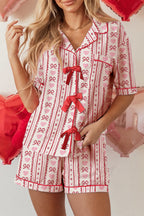 Red Cute Bow Heart Print Ribbon Decor Short 2pcs Lounge Set