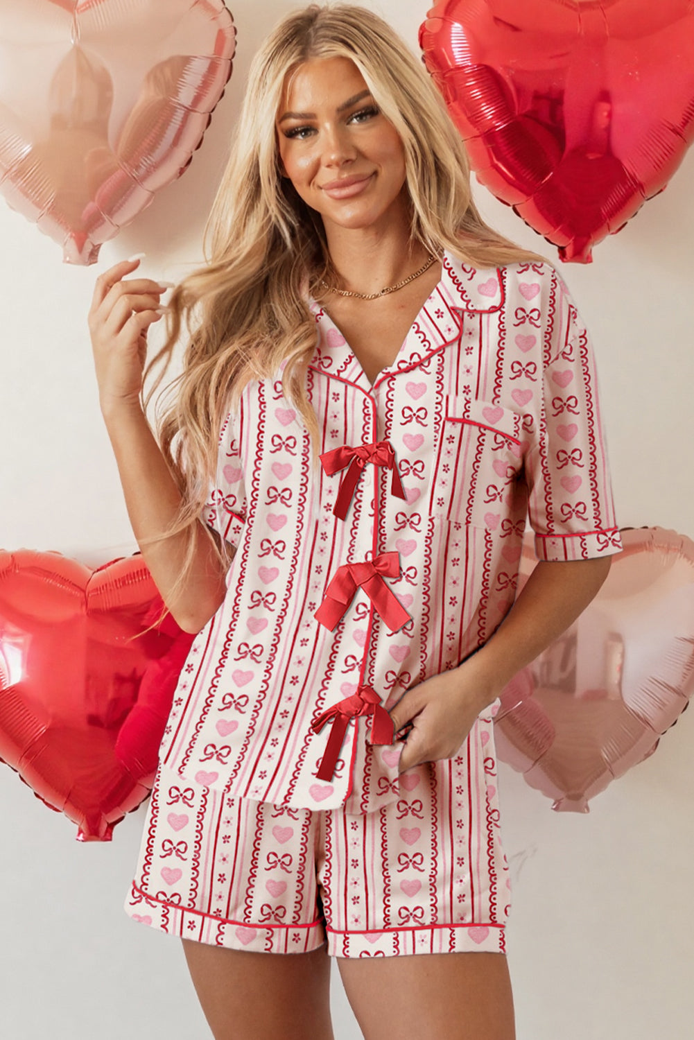 Red Cute Bow Heart Print Ribbon Decor Short 2pcs Lounge Set