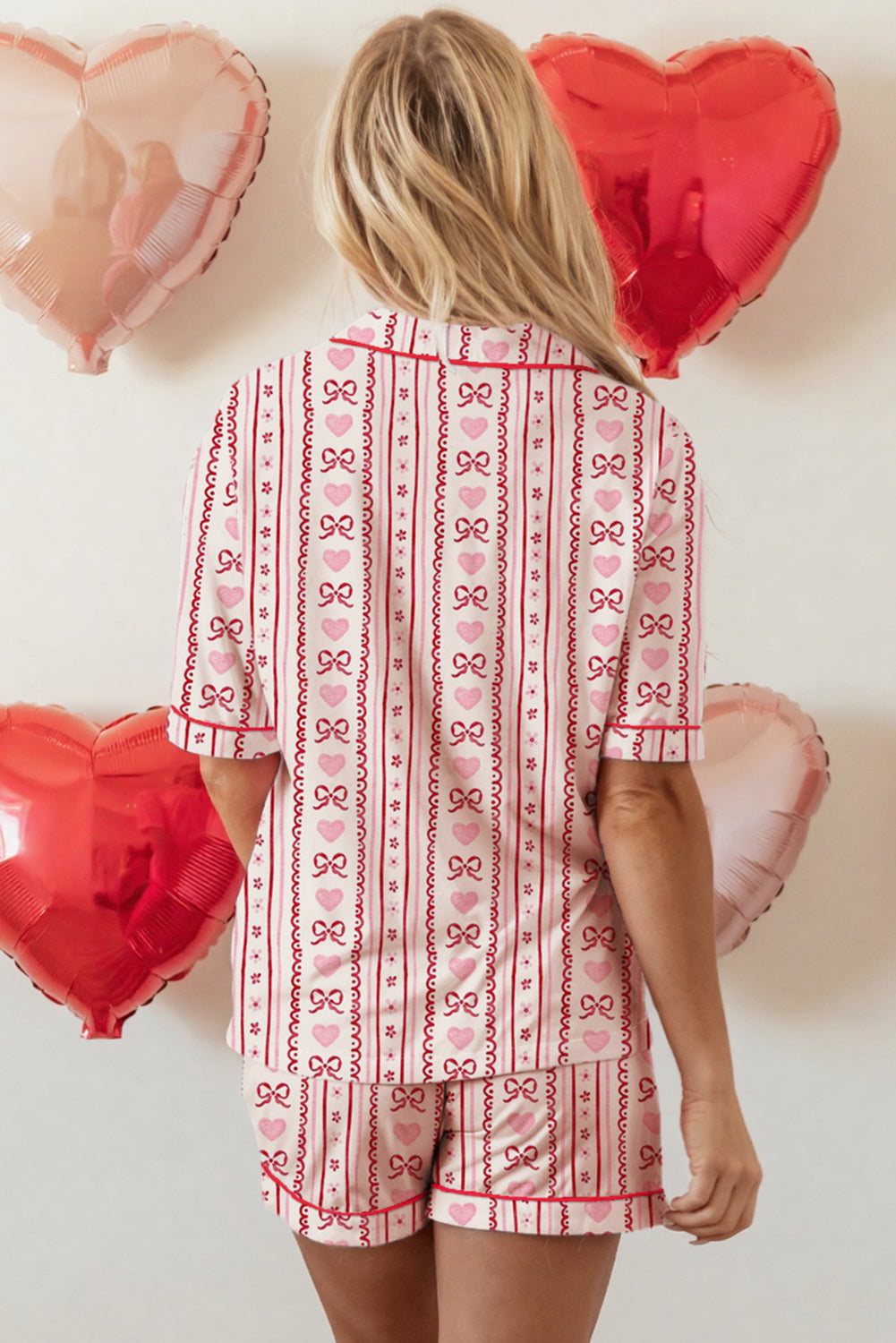 Red Cute Bow Heart Print Ribbon Decor Short 2pcs Pajama Set
